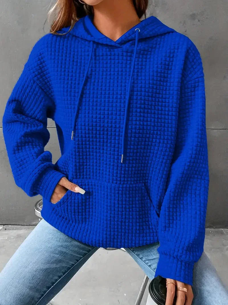 Waffle Grid Kangaroo Pocket Hoodie, Long Sleeve Drawstring Hoodies for Women