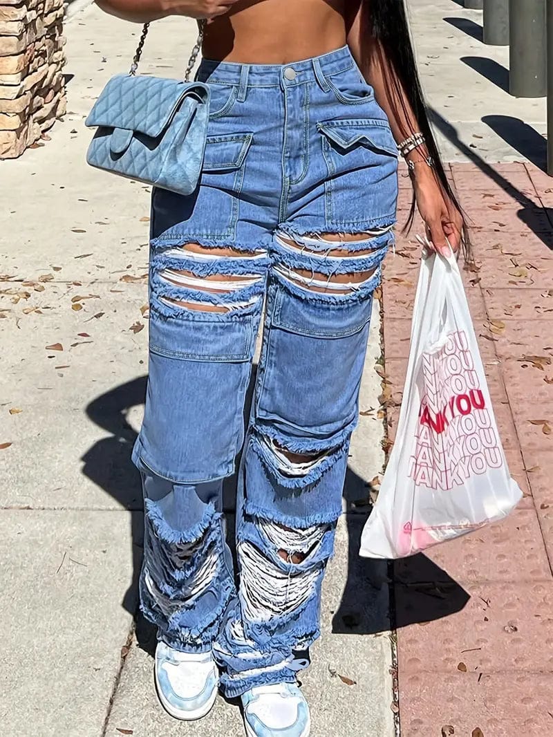 Distressed Blue Denim Jeans with Ripped Holes, Loose Fit Straight Leg Pants for Women
