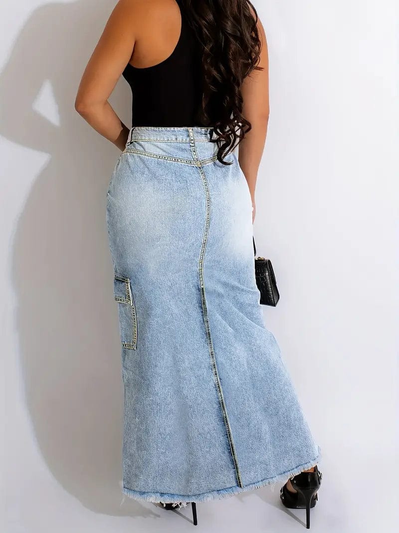 Distressed Blue Denim Maxi Skirt with Slant Pockets and Raw Hem