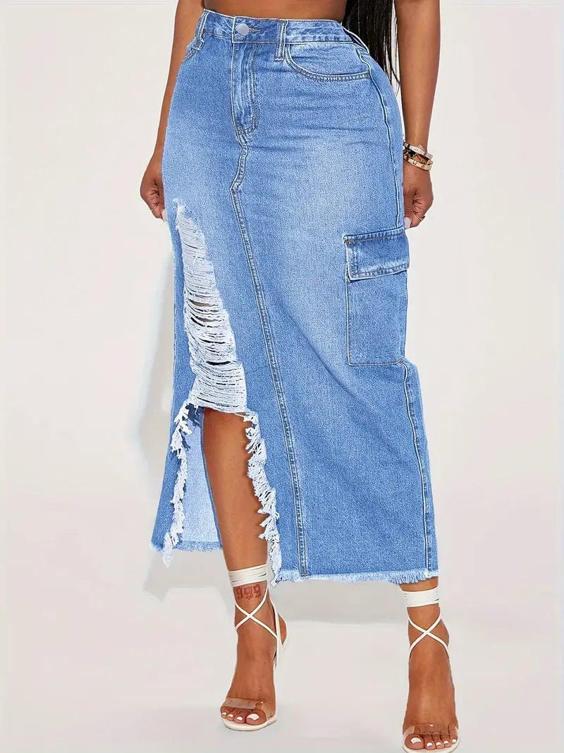 Distressed Blue Denim Maxi Skirt with Slant Pockets and Raw Hem