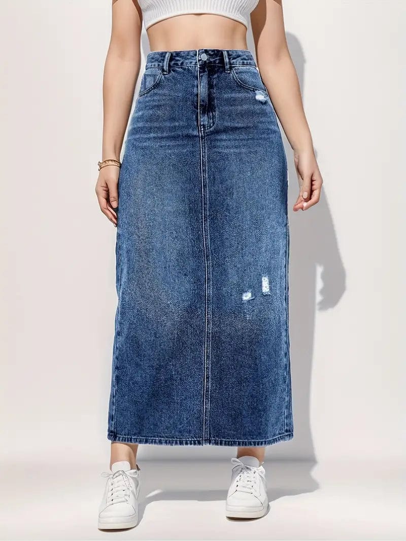 Distressed Denim Midi Skirt with Slant Pockets and High Waist Split Detail