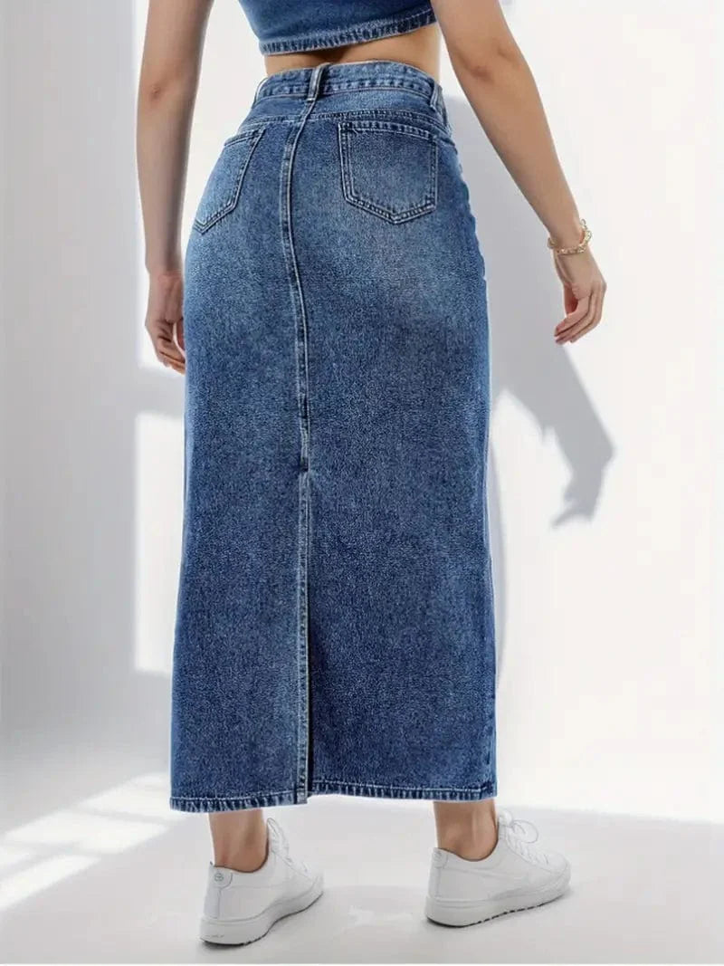 Distressed Denim Midi Skirt with Slant Pockets and High Waist Split Detail