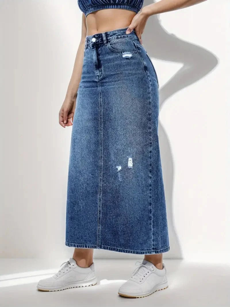 Distressed Denim Midi Skirt with Slant Pockets and High Waist Split Detail
