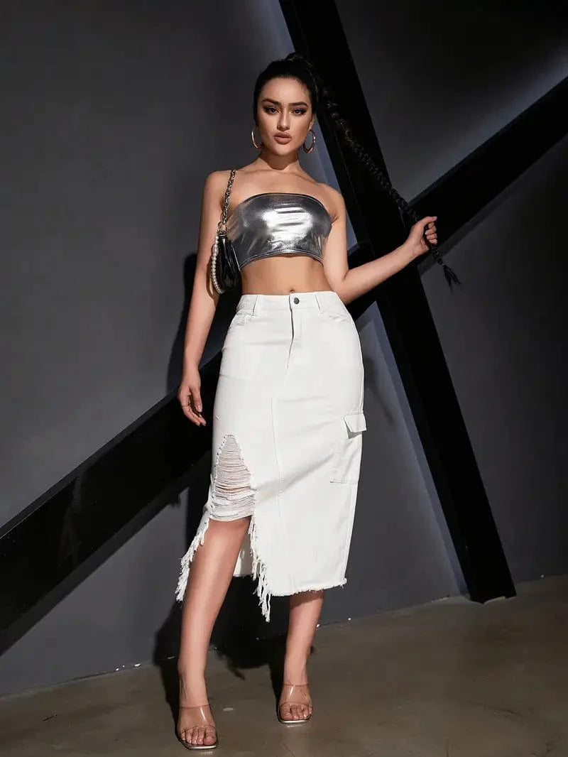 Distressed Flap Pockets Denim Midi Skirt with Frayed Hem