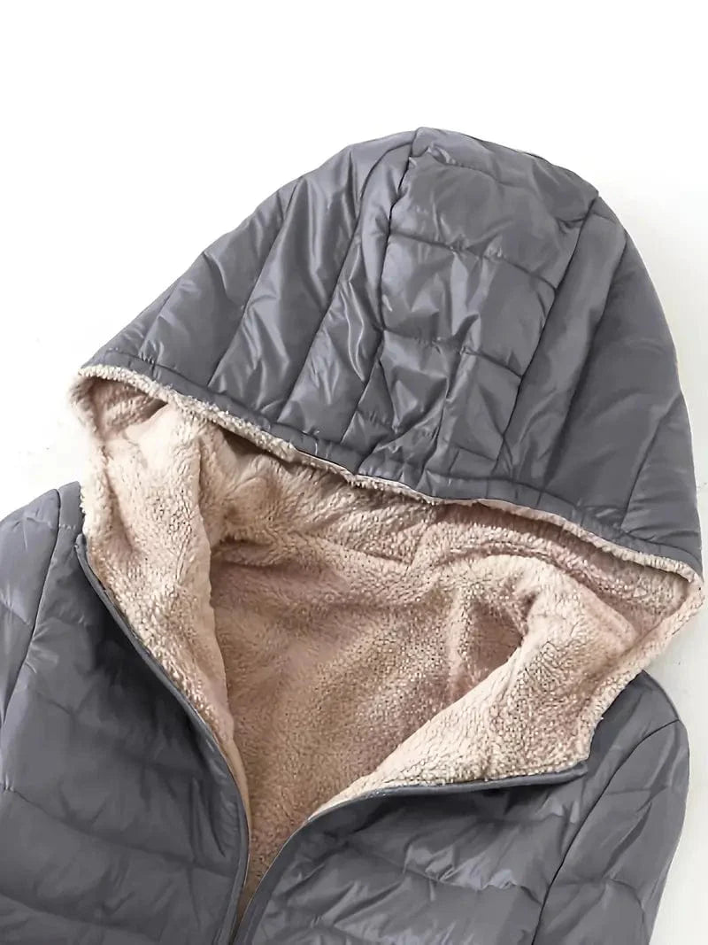 Solid Hooded Zip Up Coat for Women, Long Sleeve Winter Warm Outerwear