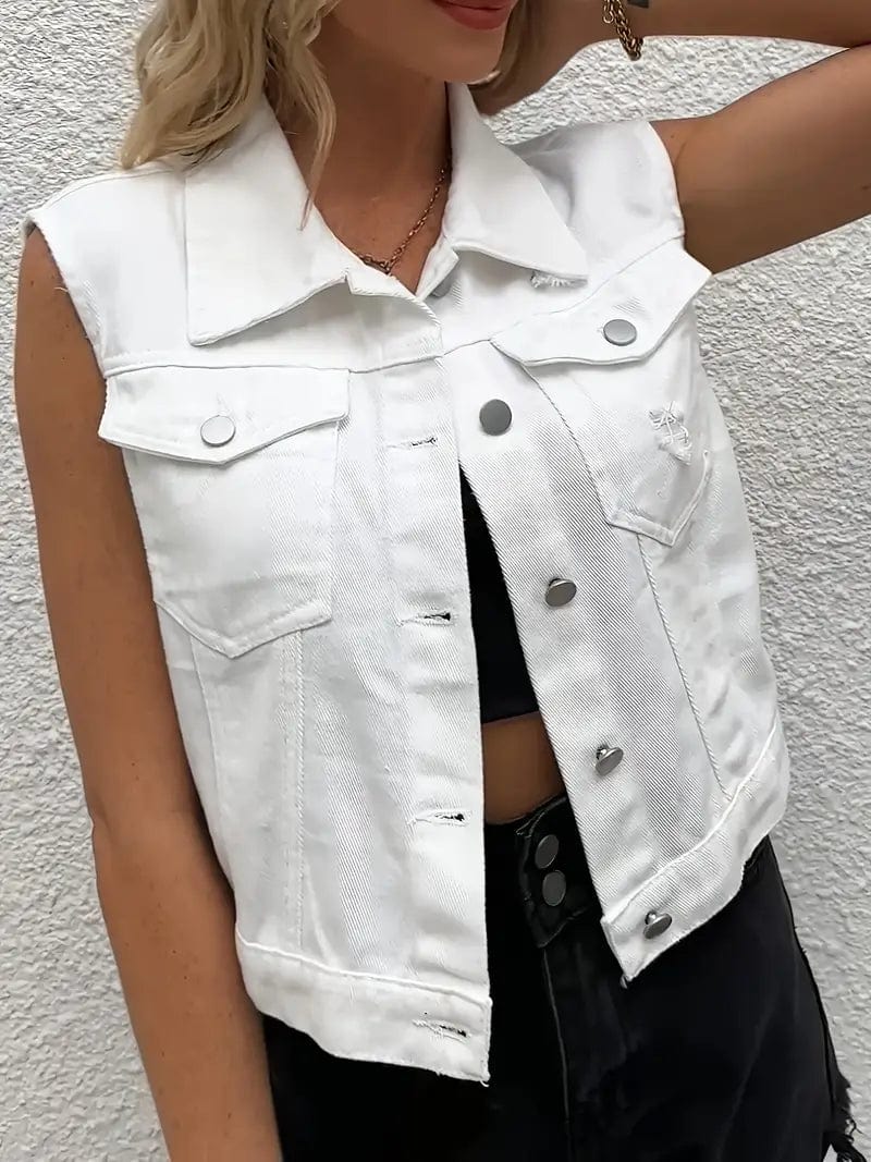 Sleeveless White Denim Vest with Ripped Holes and Button-Up Pockets, Women's Sleeveless Denim Jacket
