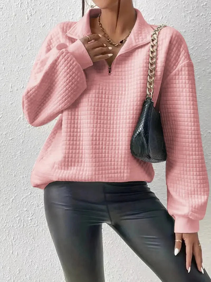 Waffle Grid Quarter Zip Pullover - Stylish Women's Fall & Winter Sweatshirt