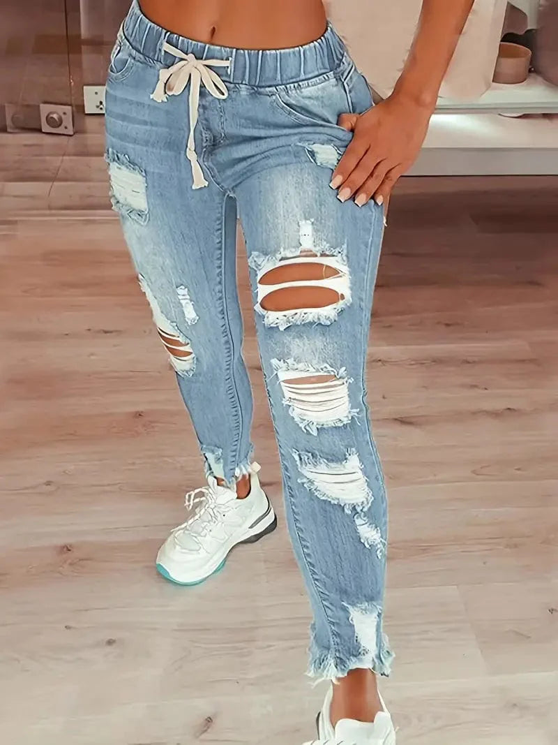 Slim Fit Elastic Waist Denim Pants with Ripped Holes and Frayed Hem