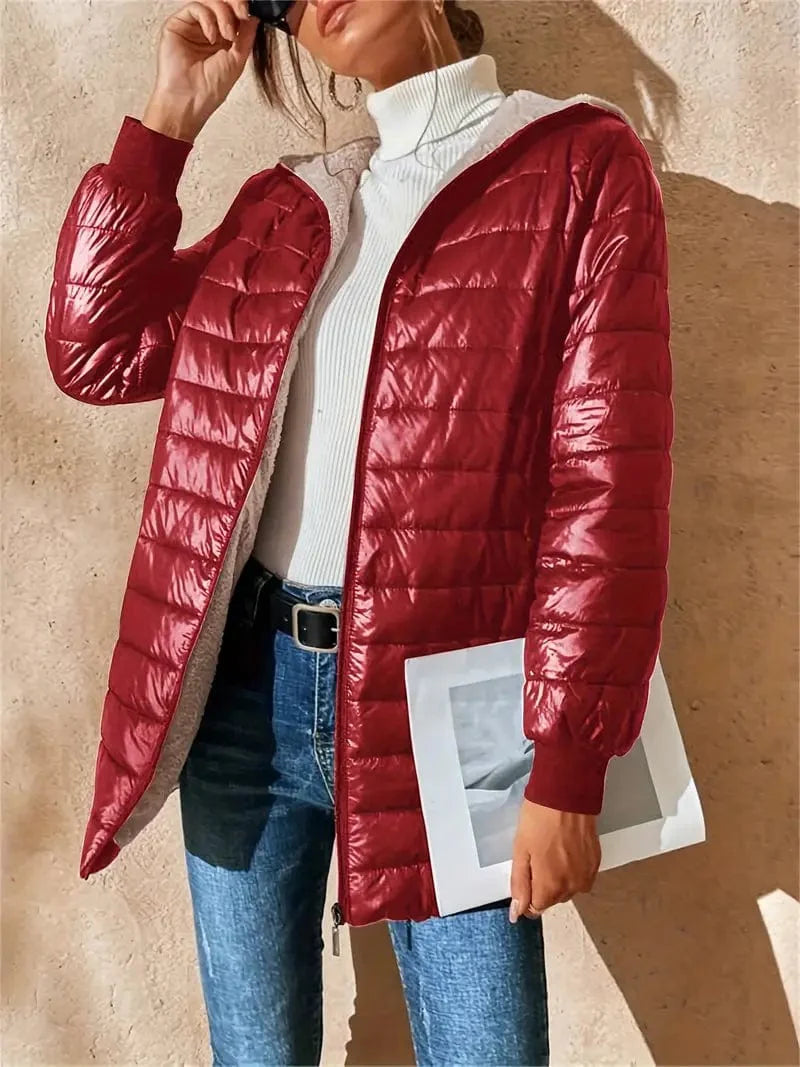 Solid Hooded Zip Up Coat for Women, Long Sleeve Winter Warm Outerwear