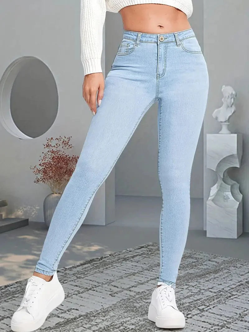 Navy Blue Slim Fit Skinny Denim Pants, High-Stretch Slant Pockets & High Rise Jeans for Women