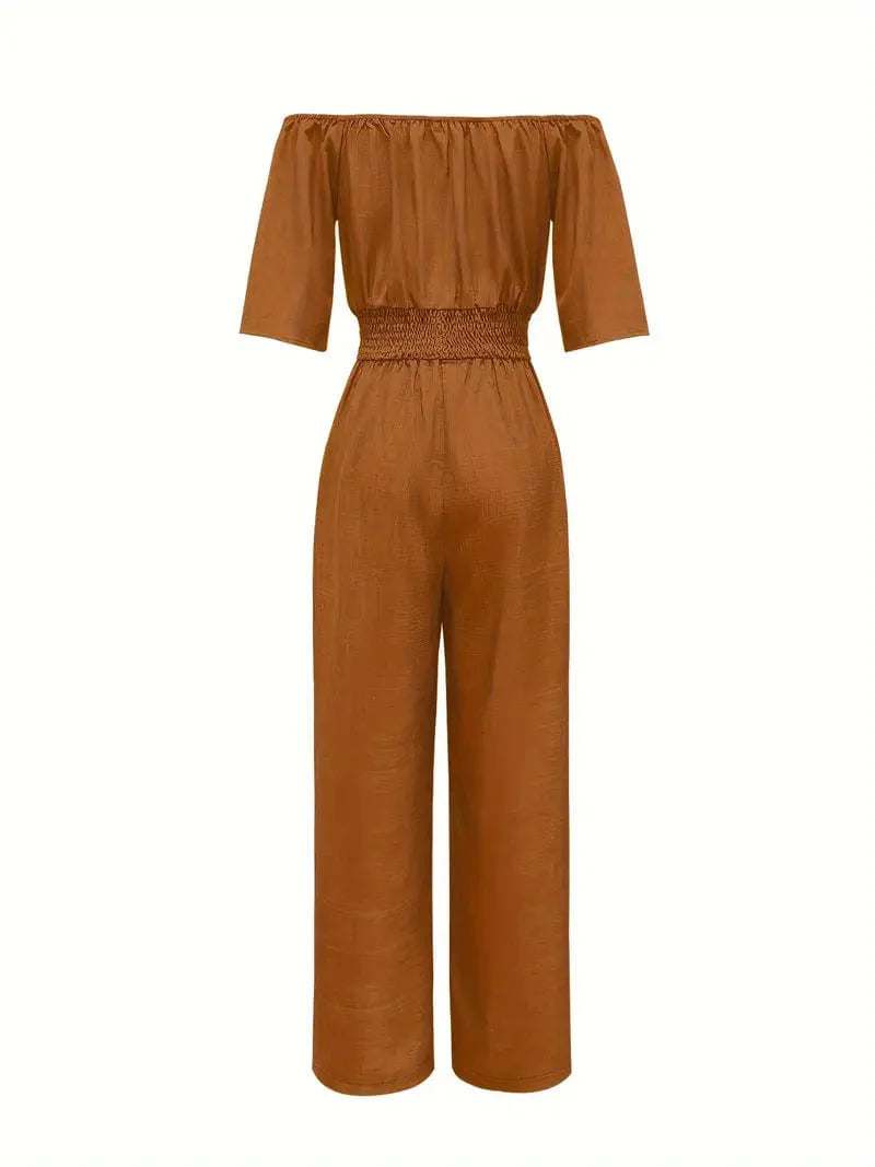 Off Shoulder Wide Leg Jumpsuit for Women: Stylish Casual Short Sleeve Outfit for Spring & Summer