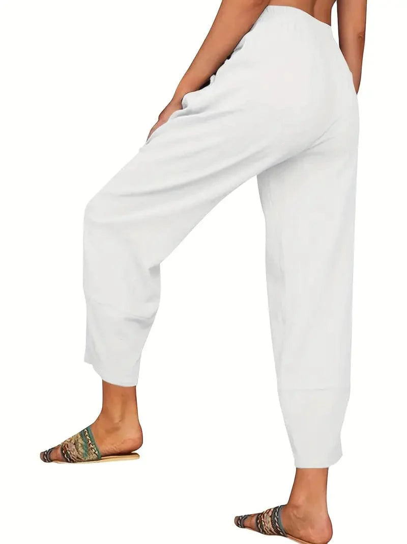 Elastic Cropped Trousers in Solid Color, Comfy Loose Fit for Spring & Summer, Women's Apparel