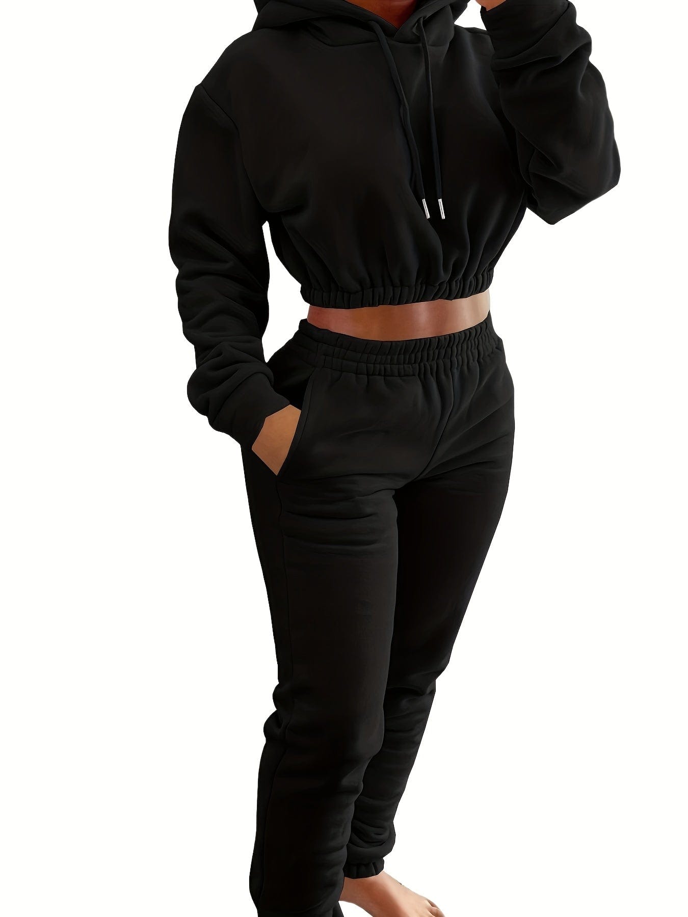 Elastic Hem Fleece Lining Drawstring Hoodie & Jogging Pants Two-Piece Set