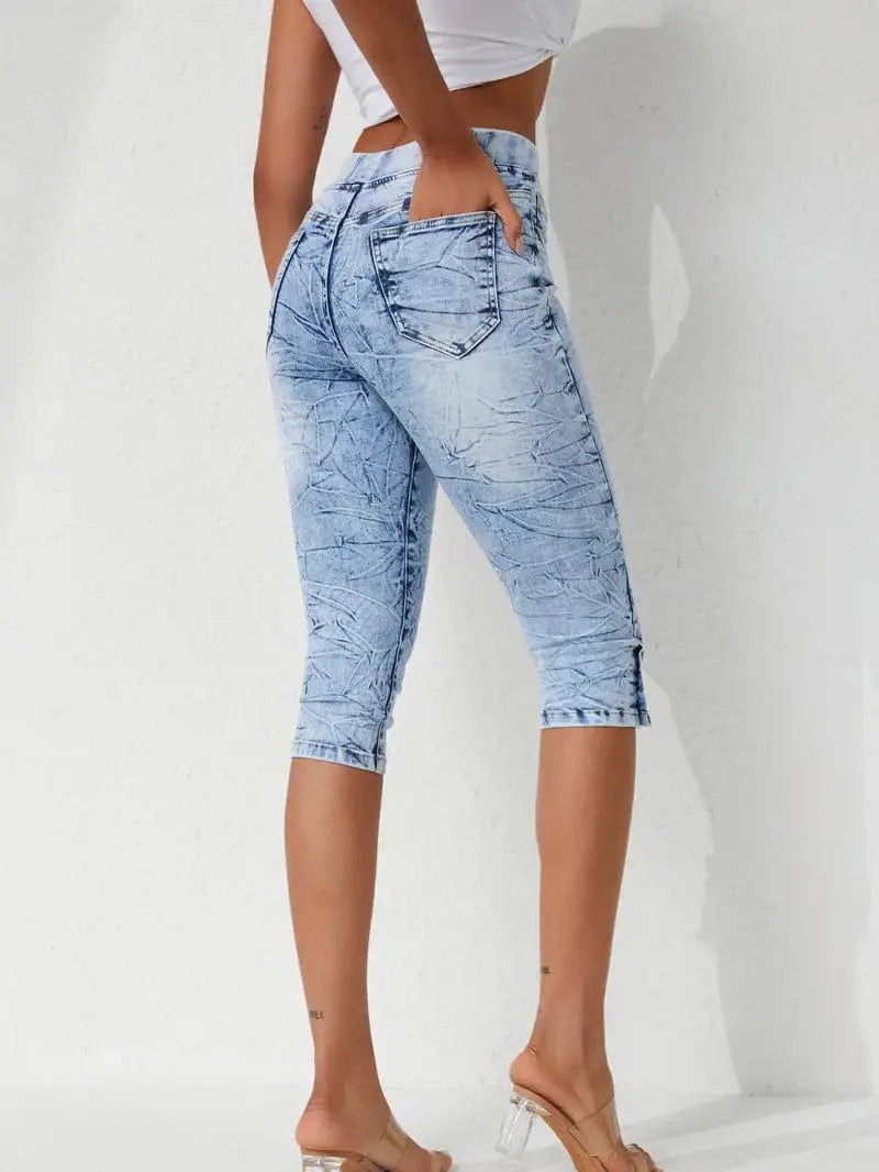 Elastic Waist Capri Denim Pants with Drawstring: Slim Fit High Stretch Jeans for Women