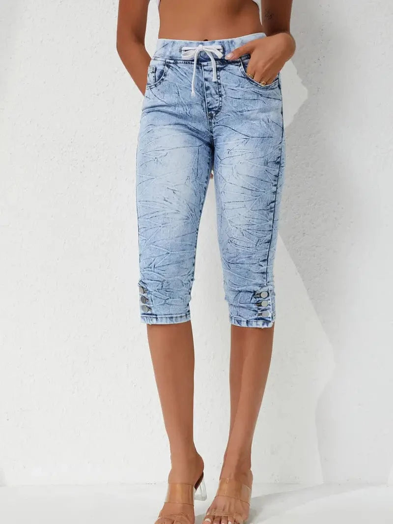 Elastic Waist Capri Denim Pants with Drawstring: Slim Fit High Stretch Jeans for Women