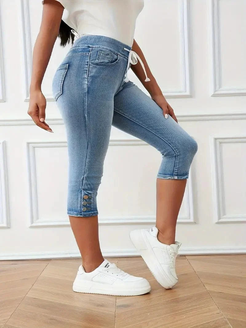 Elastic Waist Capri Denim Pants with Drawstring: Slim Fit High Stretch Jeans for Women