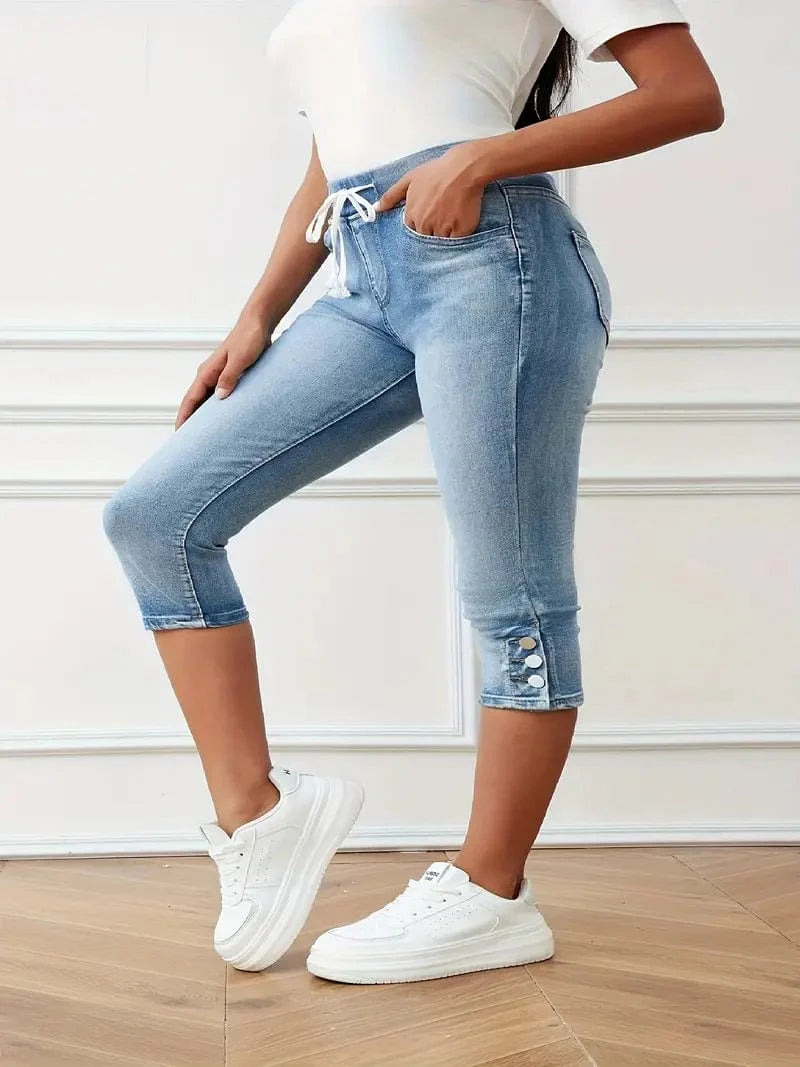 Elastic Waist Capri Denim Pants with Drawstring: Slim Fit High Stretch Jeans for Women