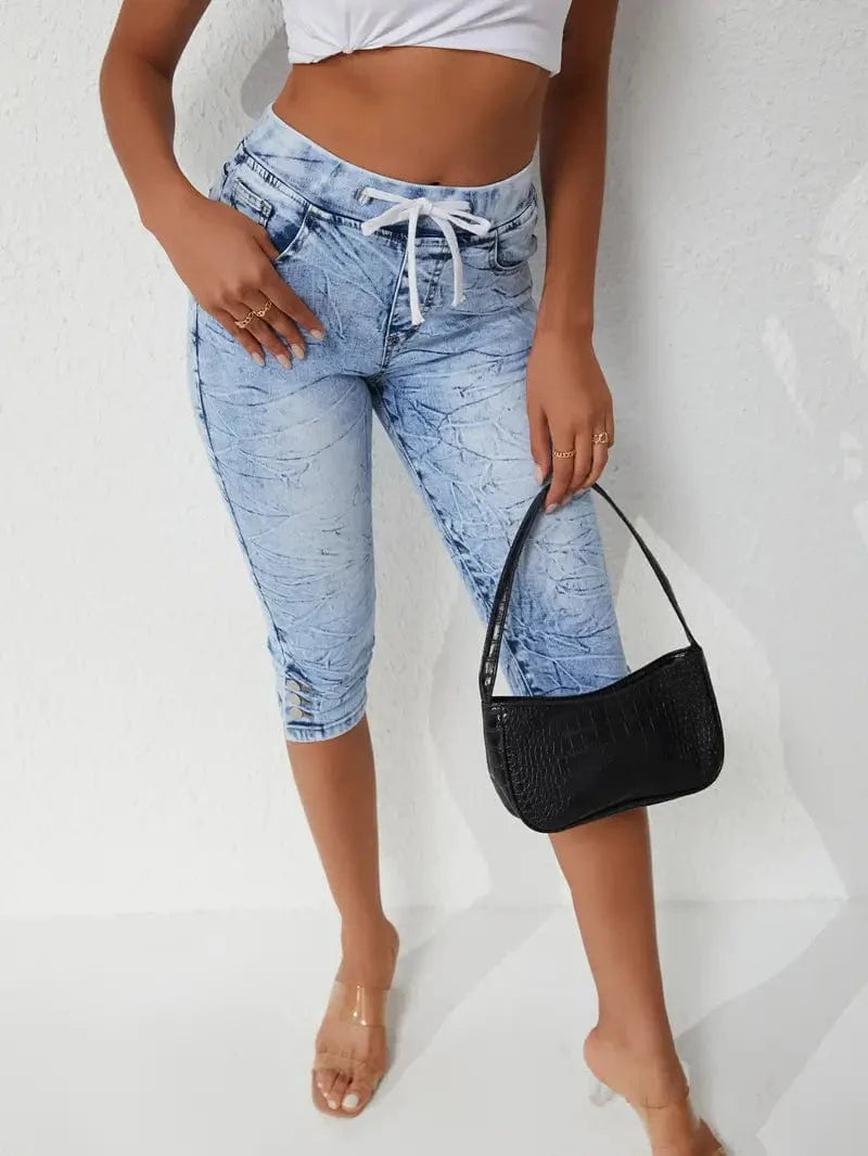 Elastic Waist Capri Denim Pants with Drawstring: Slim Fit High Stretch Jeans for Women