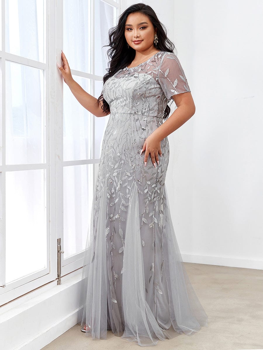 Shimmery Sequin Floral Fishtail Tulle Dress for Plus Size Beauty