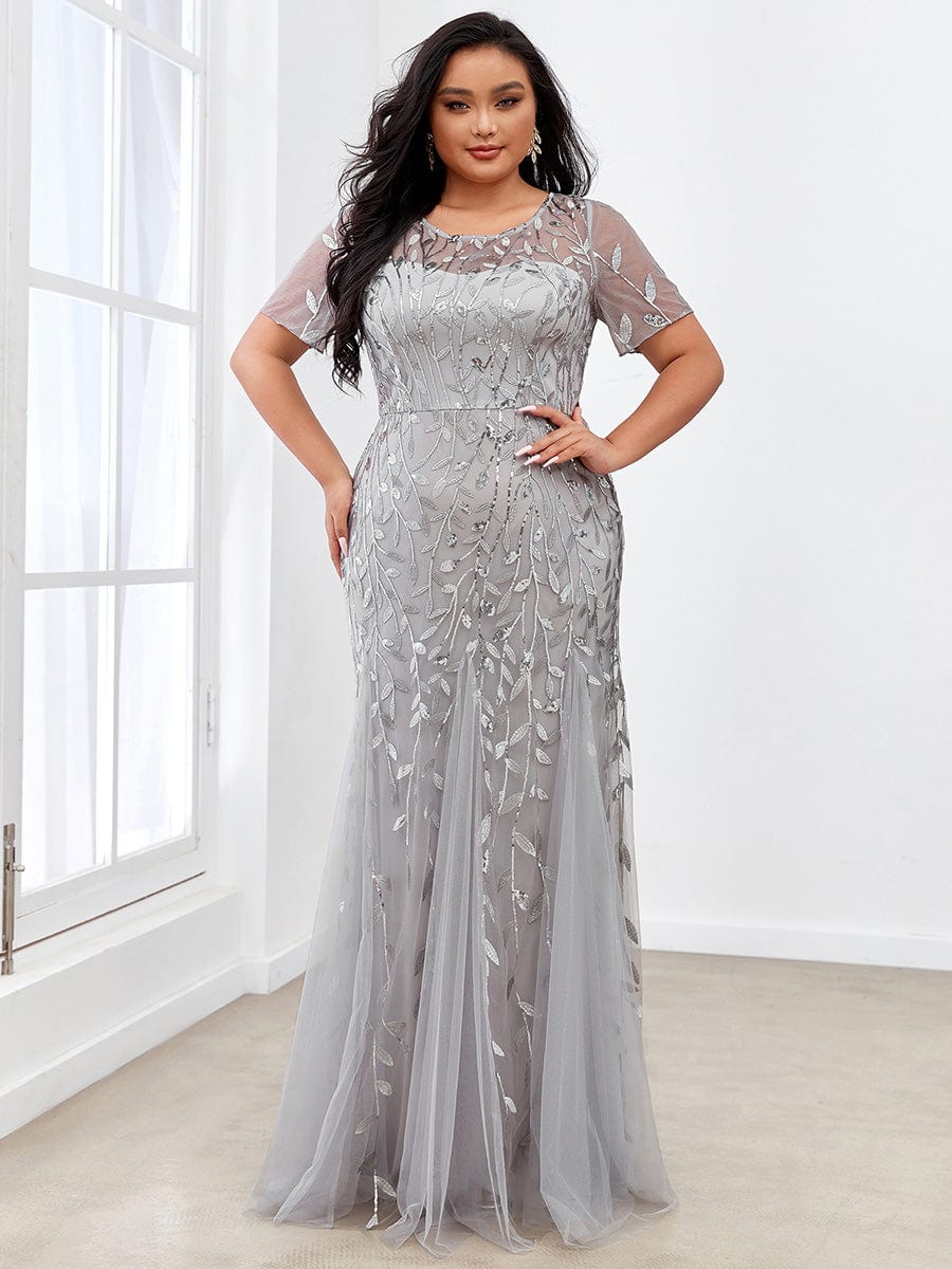 Shimmery Sequin Floral Fishtail Tulle Dress for Plus Size Beauty