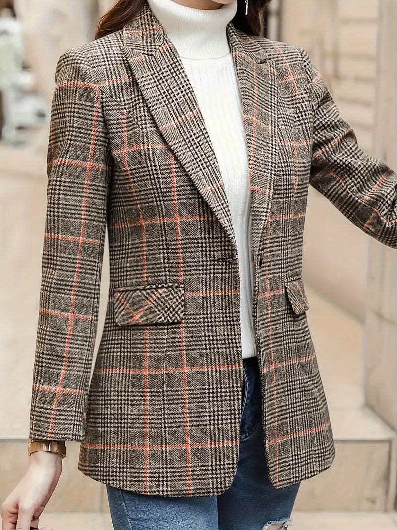 Plaid Print Casual Lapel Long Sleeve Blazer With Pocket for Women
