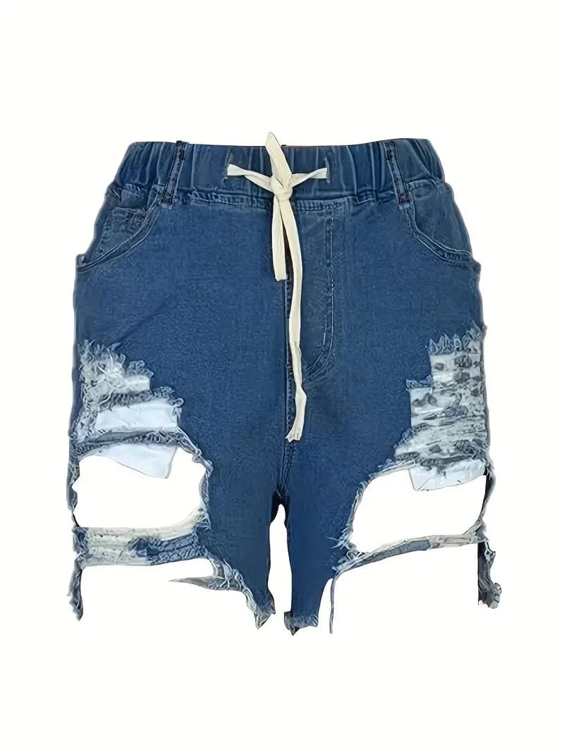 Stretchy Elastic Waist Denim Shorts with Ripped Distressed Details for Women