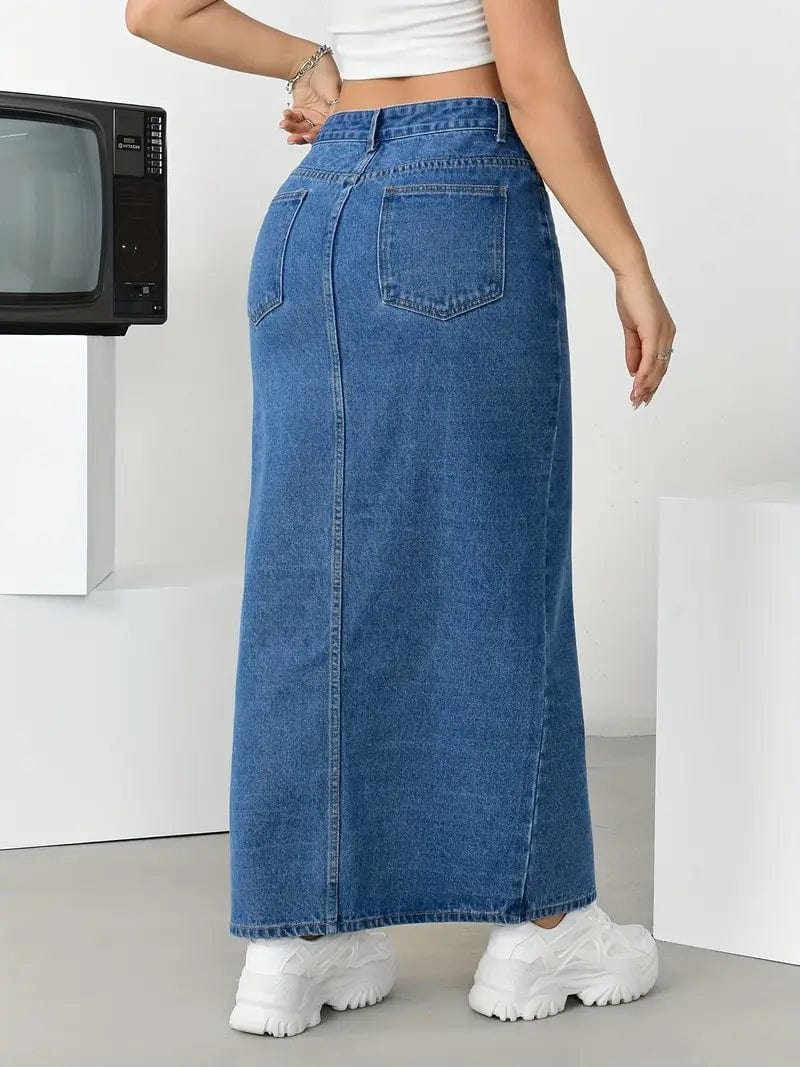 Split Thigh Casual Denim Midi Skirt with Slant Pockets