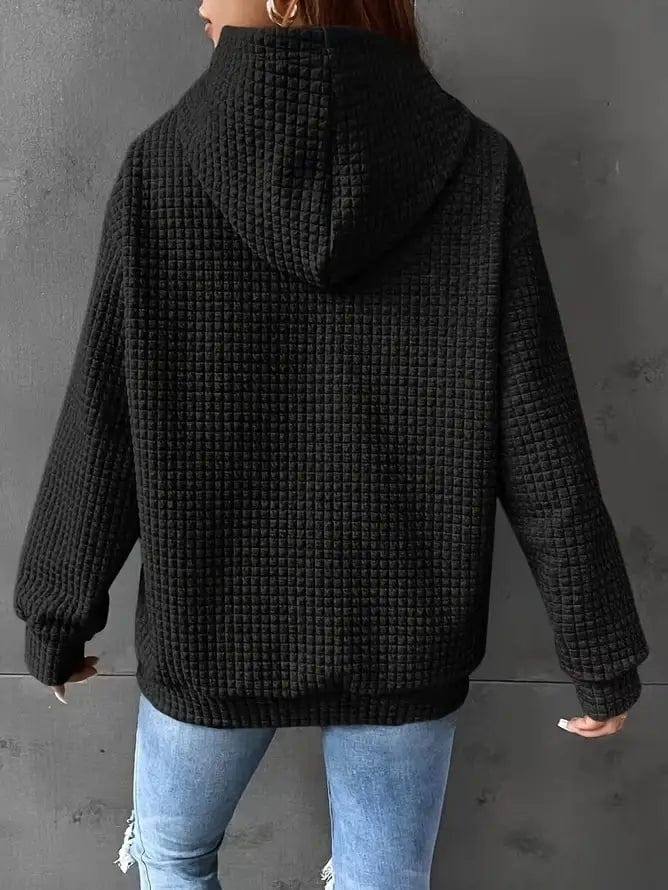 Waffle Grid Kangaroo Pocket Hoodie, Long Sleeve Drawstring Hoodies for Women