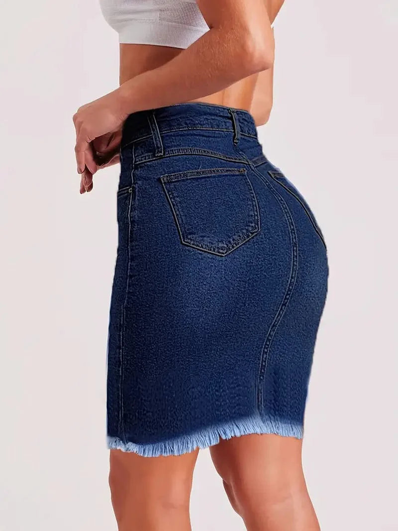 Slim Fit Dark Blue Denim Skirt with Raw Hem for Women