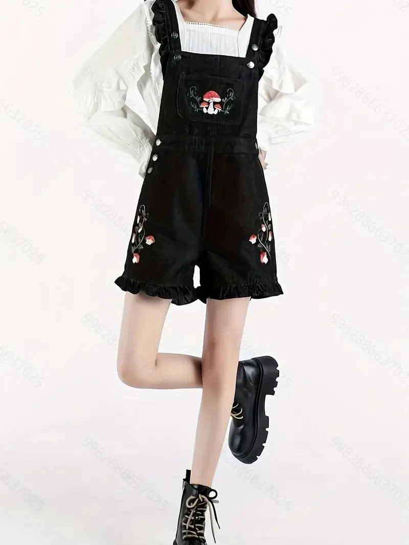 Mushroom Embellished Denim Shortall with Lettuce Trim and Slant Pockets, Niche Denim Jumpsuit, Women's Denim Apparel