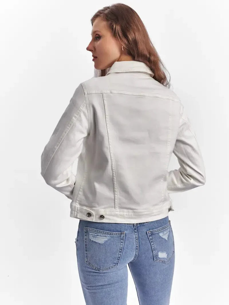 Lapel Denim Coat with Long Sleeves and Buttoned Flap Pockets - Stylish Women's Jacket