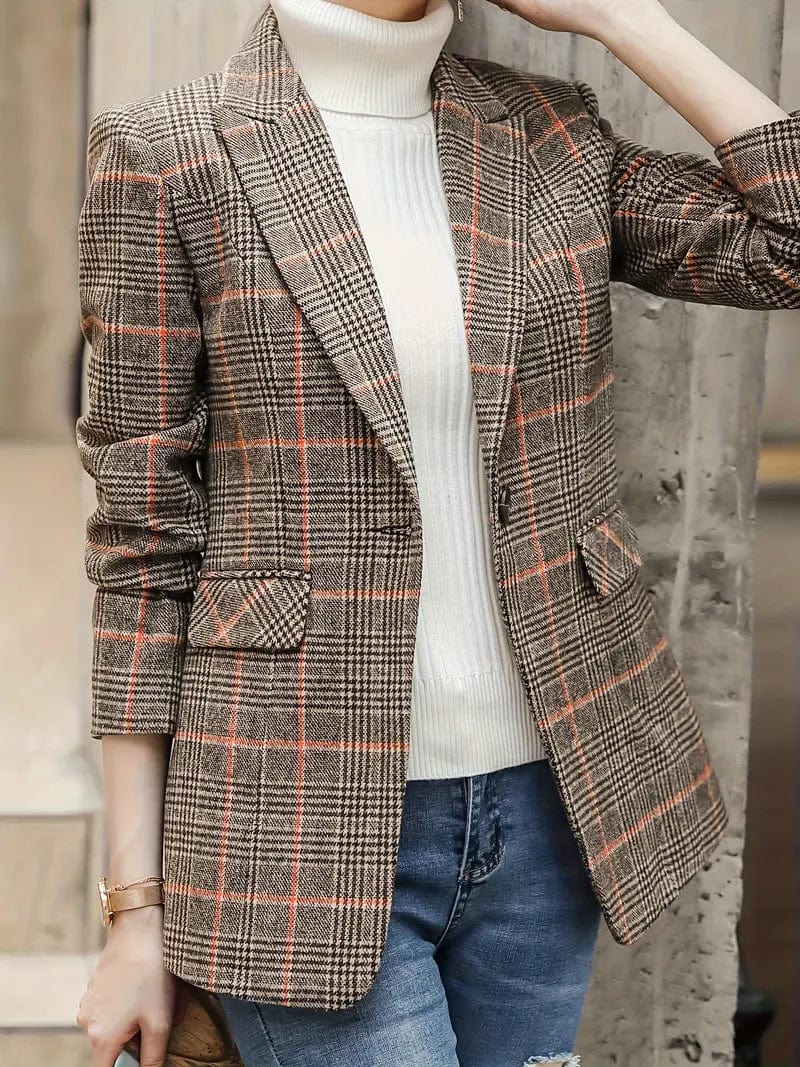 Plaid Print Casual Lapel Long Sleeve Blazer With Pocket for Women