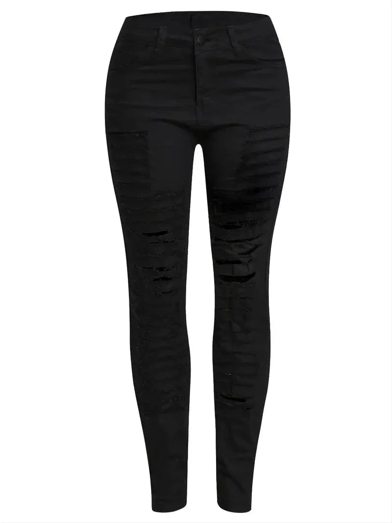 Skinny Black Denim Pants with Rips, Women's Stretchy Jeans