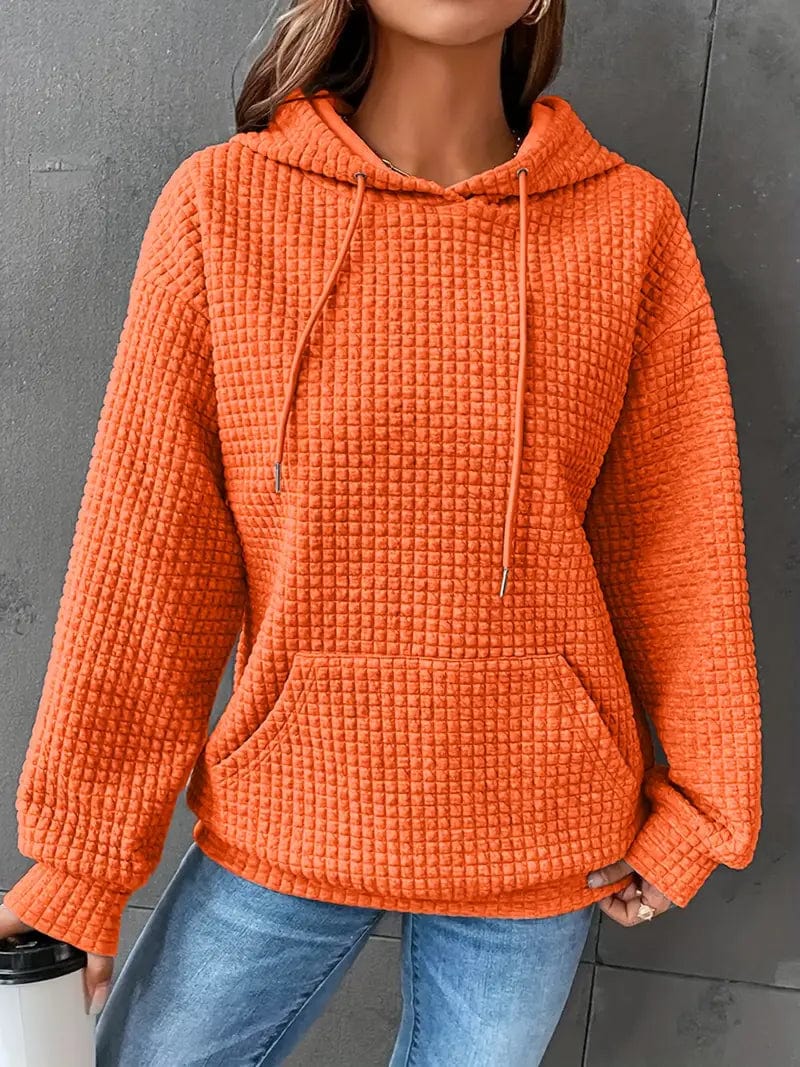 Waffle Grid Kangaroo Pocket Hoodie, Long Sleeve Drawstring Hoodies for Women