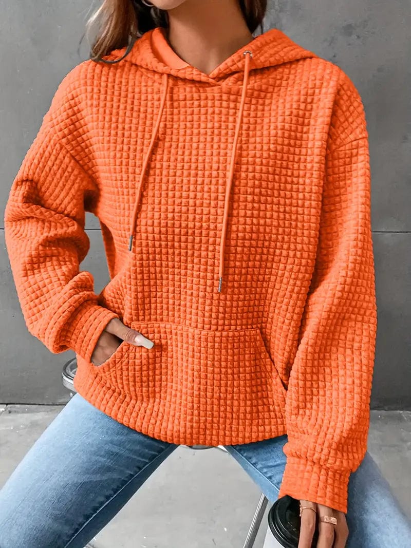 Waffle Grid Kangaroo Pocket Hoodie, Long Sleeve Drawstring Hoodies for Women