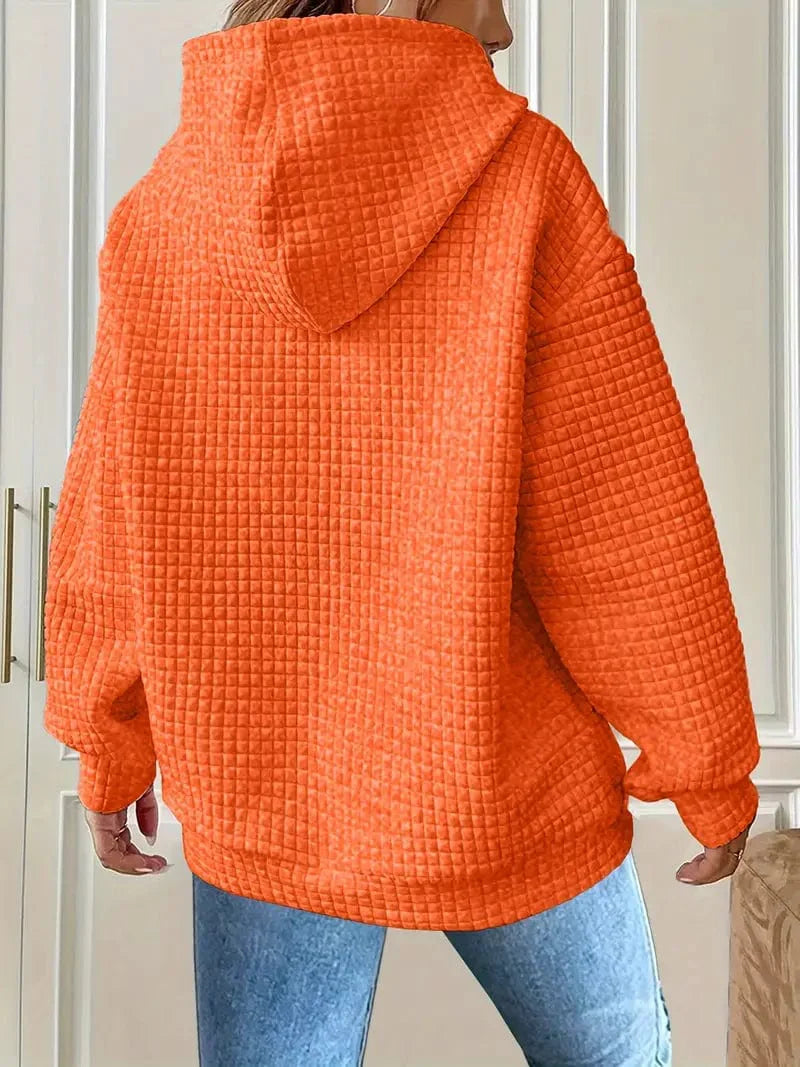 Waffle Grid Kangaroo Pocket Hoodie, Long Sleeve Drawstring Hoodies for Women
