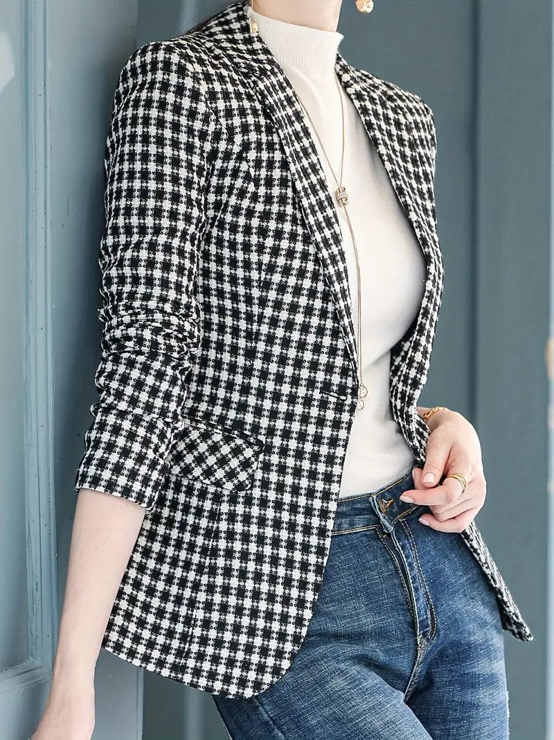 Sophisticated Houndstooth Blazer with Chic Lapel for Autumn & Winter, Women's Apparel
