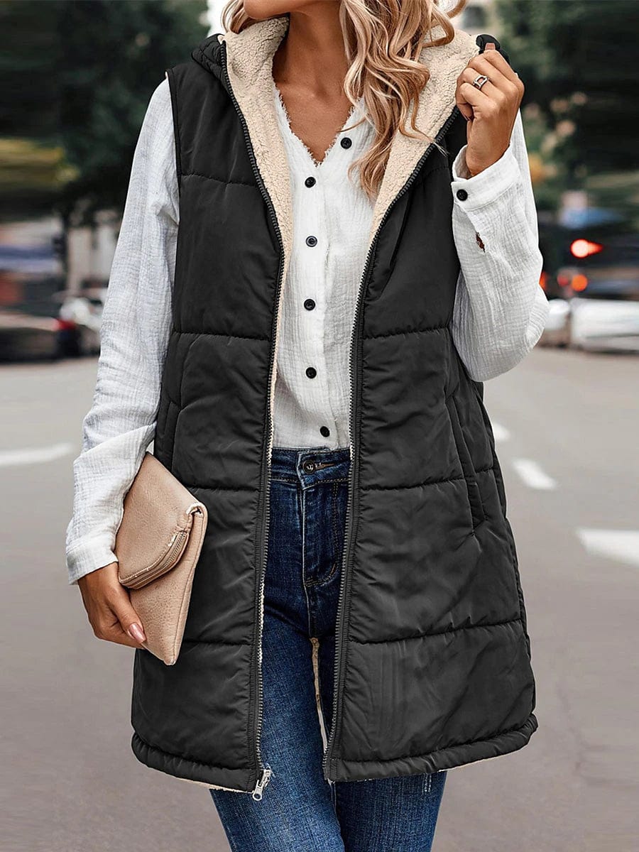 Stylish Women's Long Winter Puffer Vest with Reversible Fleece and Hood