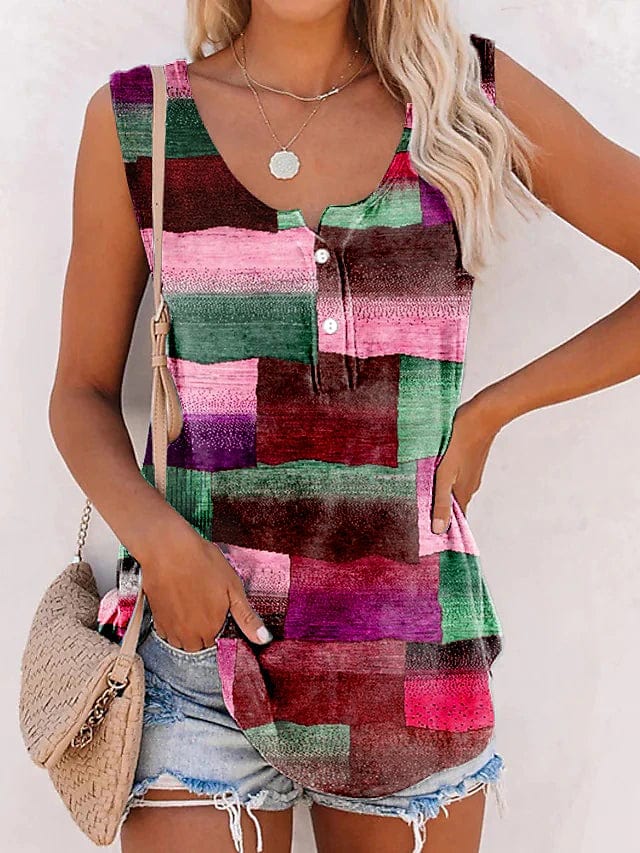 Stylish Geometric Print Women's Tank Top with Button Sleeveless Design