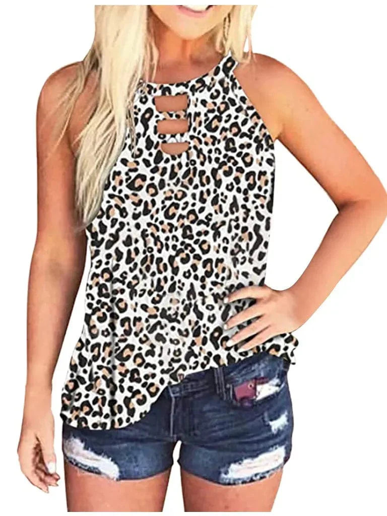Ladies Sexy Leopard Tabk Tops Fashion Hollow Out Sleeveless Halter Camisole  Summer New  Tie-dye Printng Ladies Shirts Blusa