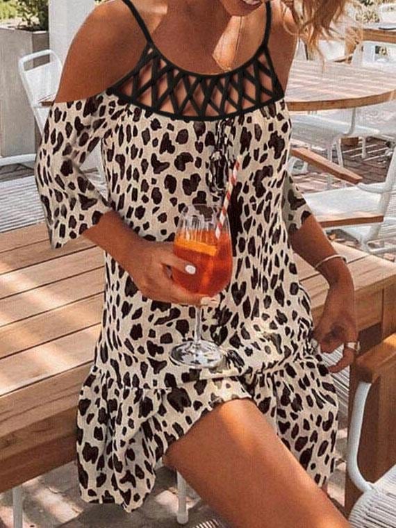 Leopard Print Casual Short Sleeve Mini Dress