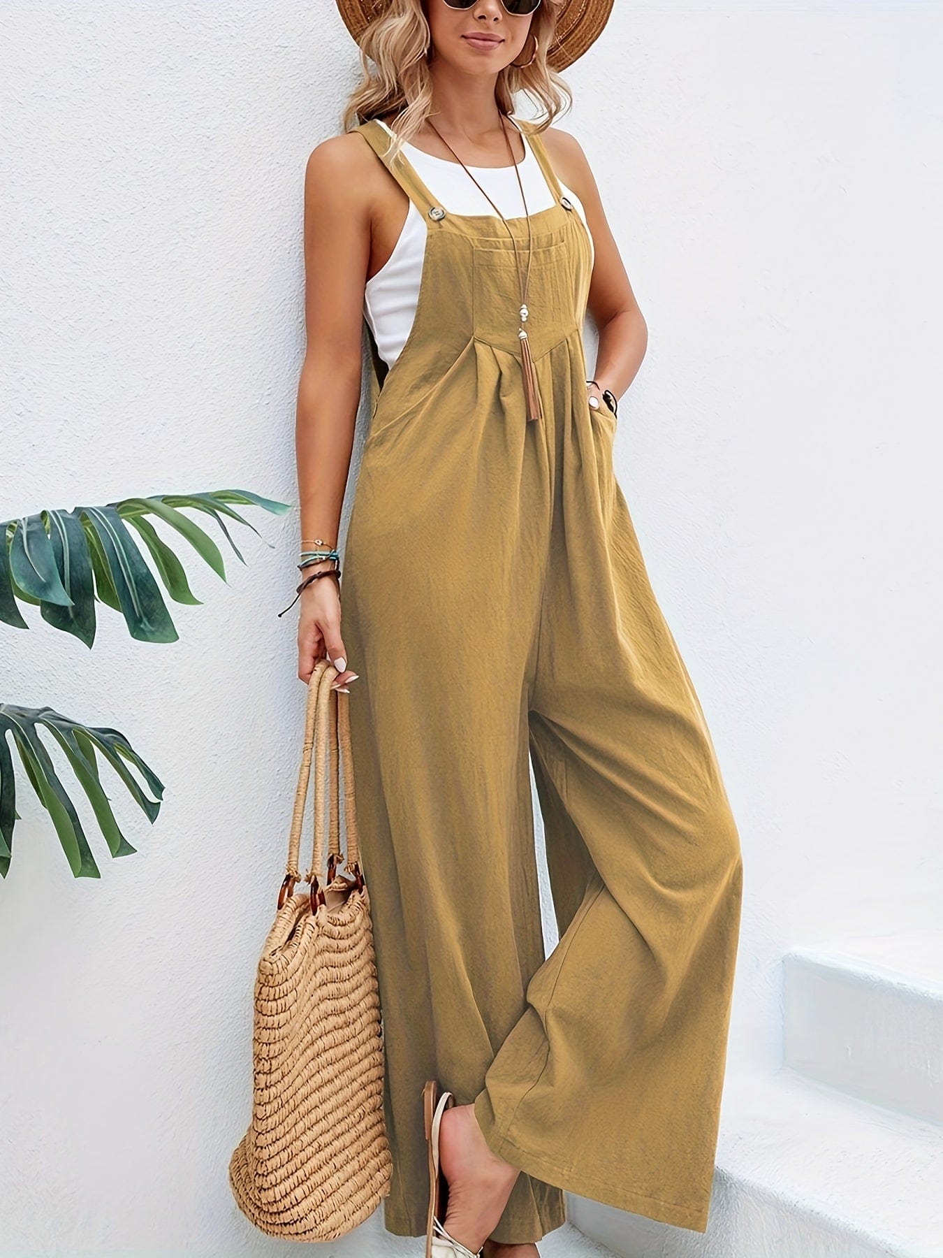 Boho Solid Sleeveless Long Length Casual Jumpsuit