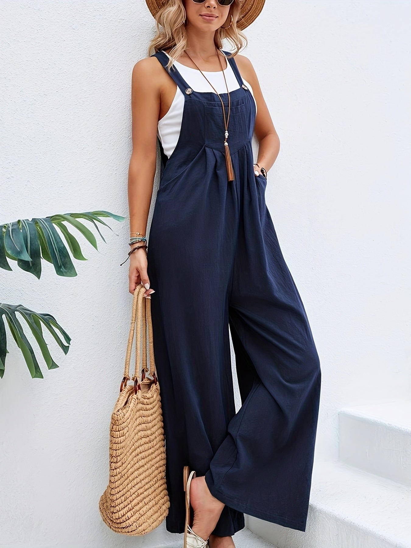 Boho Solid Sleeveless Long Length Casual Jumpsuit