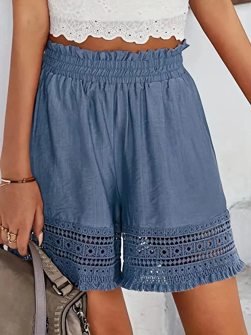 Casual Contrast Lace Trim Elastic Waist Slant Pocket Loose Shorts