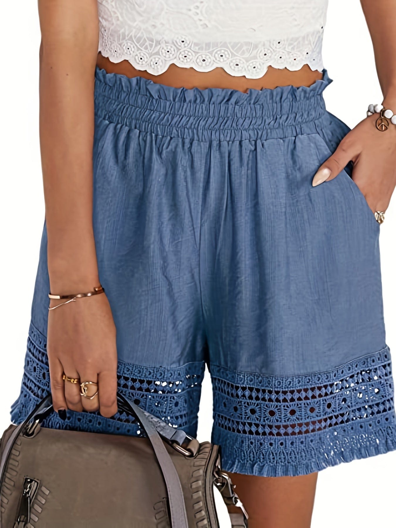 Casual Contrast Lace Trim Elastic Waist Slant Pocket Loose Shorts