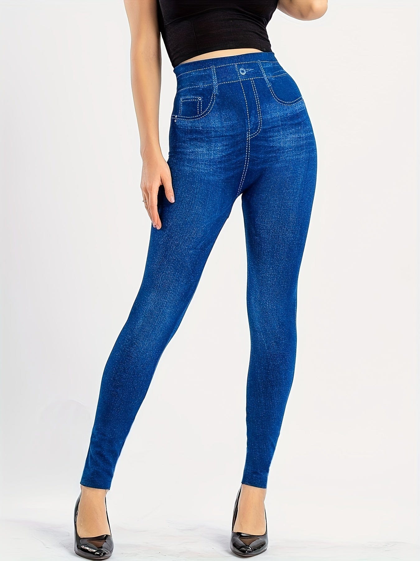 Casual Denim Print High Waist Stretchy Leggings Pants