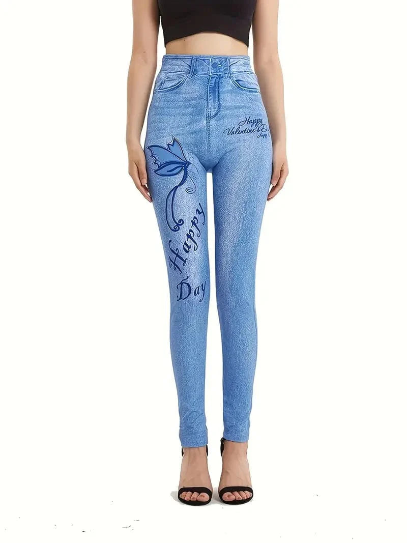 Casual Denim Print High Waist Stretchy Leggings Pants
