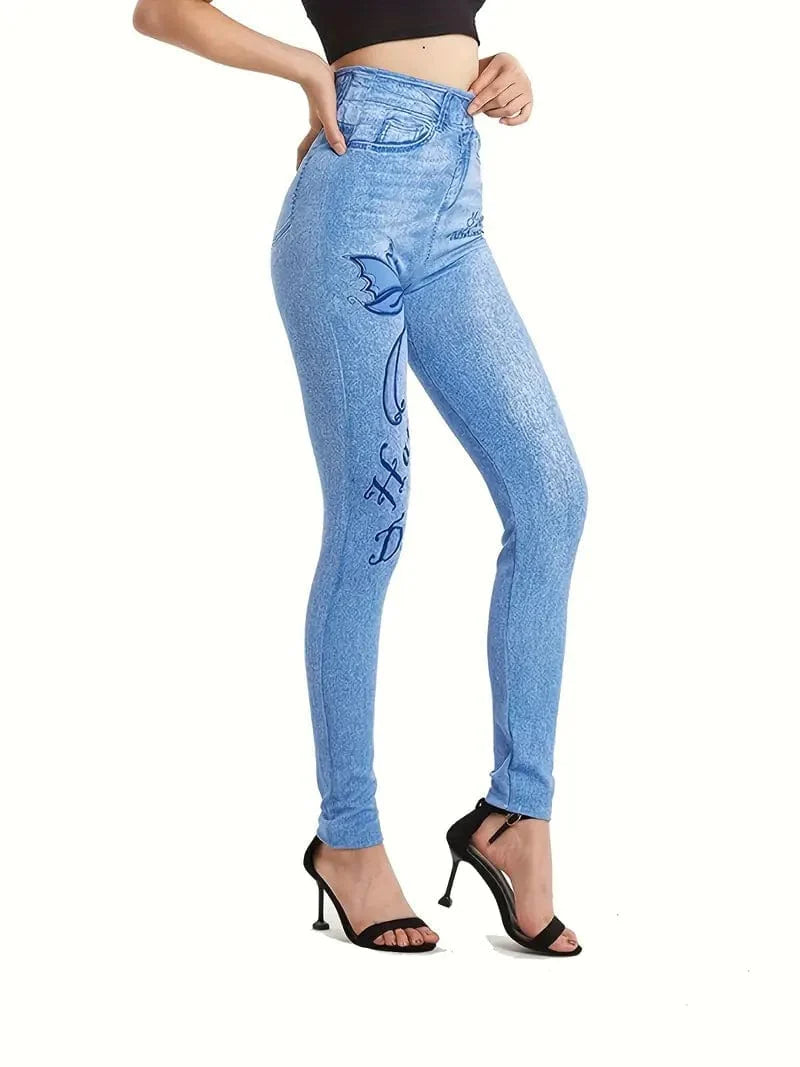 Casual Denim Print High Waist Stretchy Leggings Pants