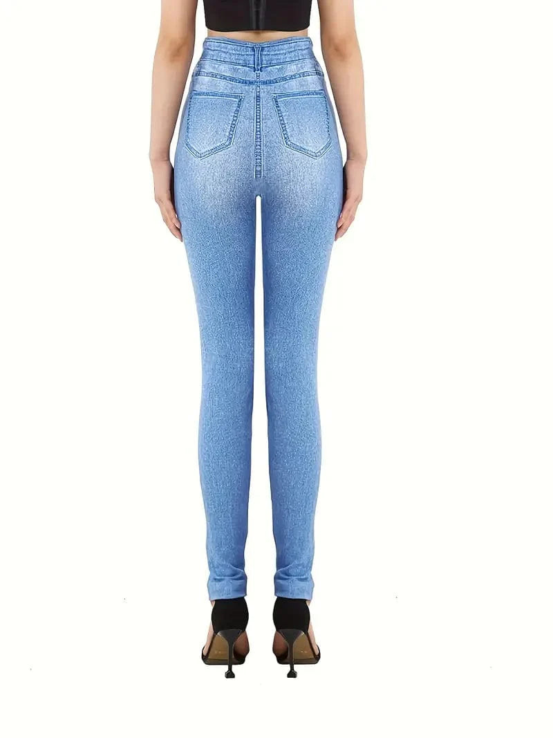 Casual Denim Print High Waist Stretchy Leggings Pants