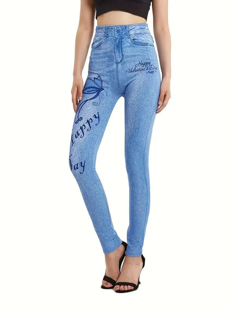 Casual Denim Print High Waist Stretchy Leggings Pants